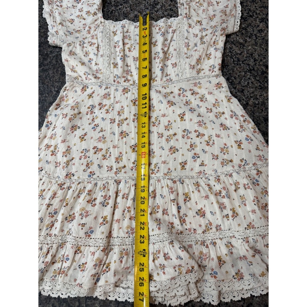 American Eagle Ditsy Floral Lace Trim Tiered Mini Dress Cream Womens Large - Picture 7 of 10
